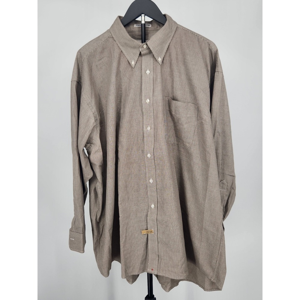 Hathaway Mens Brown Houndstooth Button Down Shirt 18.5 34 Big Wrinkle Free USA